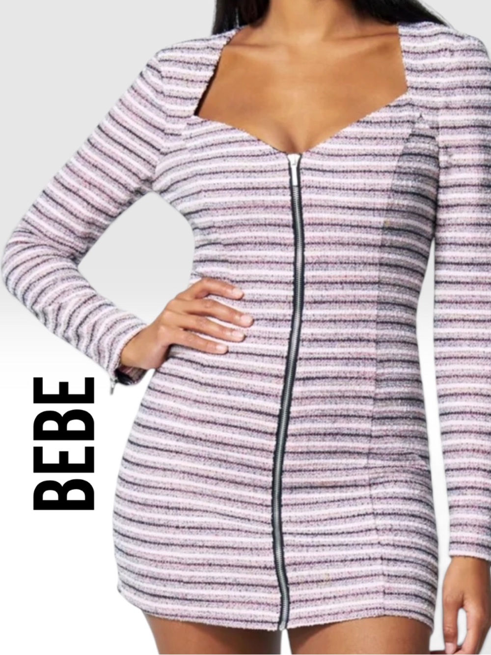 bebe Pink & White Striped Zip-Front Mini Dress